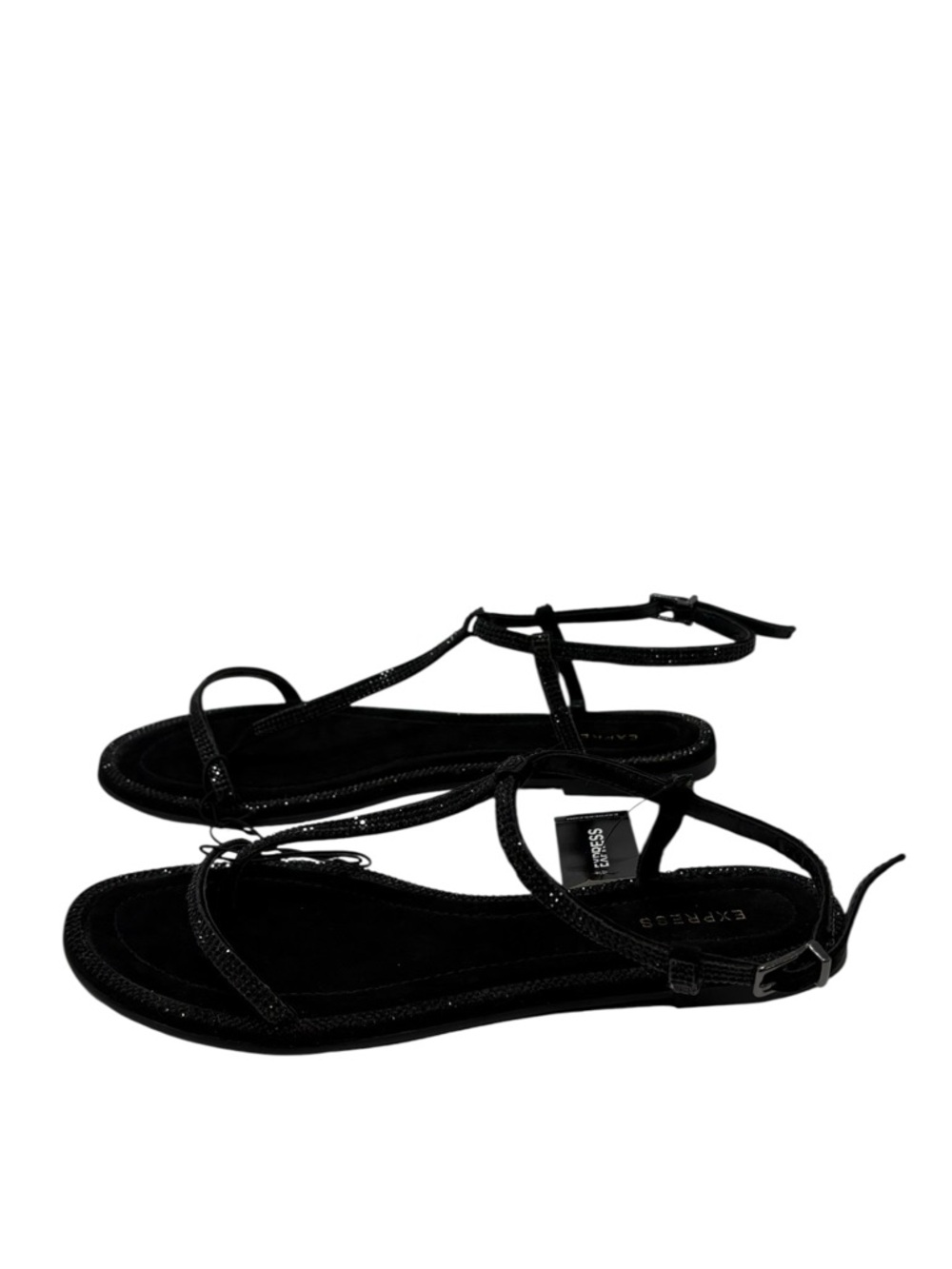 Express Strappy Thong Flat Ankle Strap Rhinestone Sandals Black Womens 8 NWT